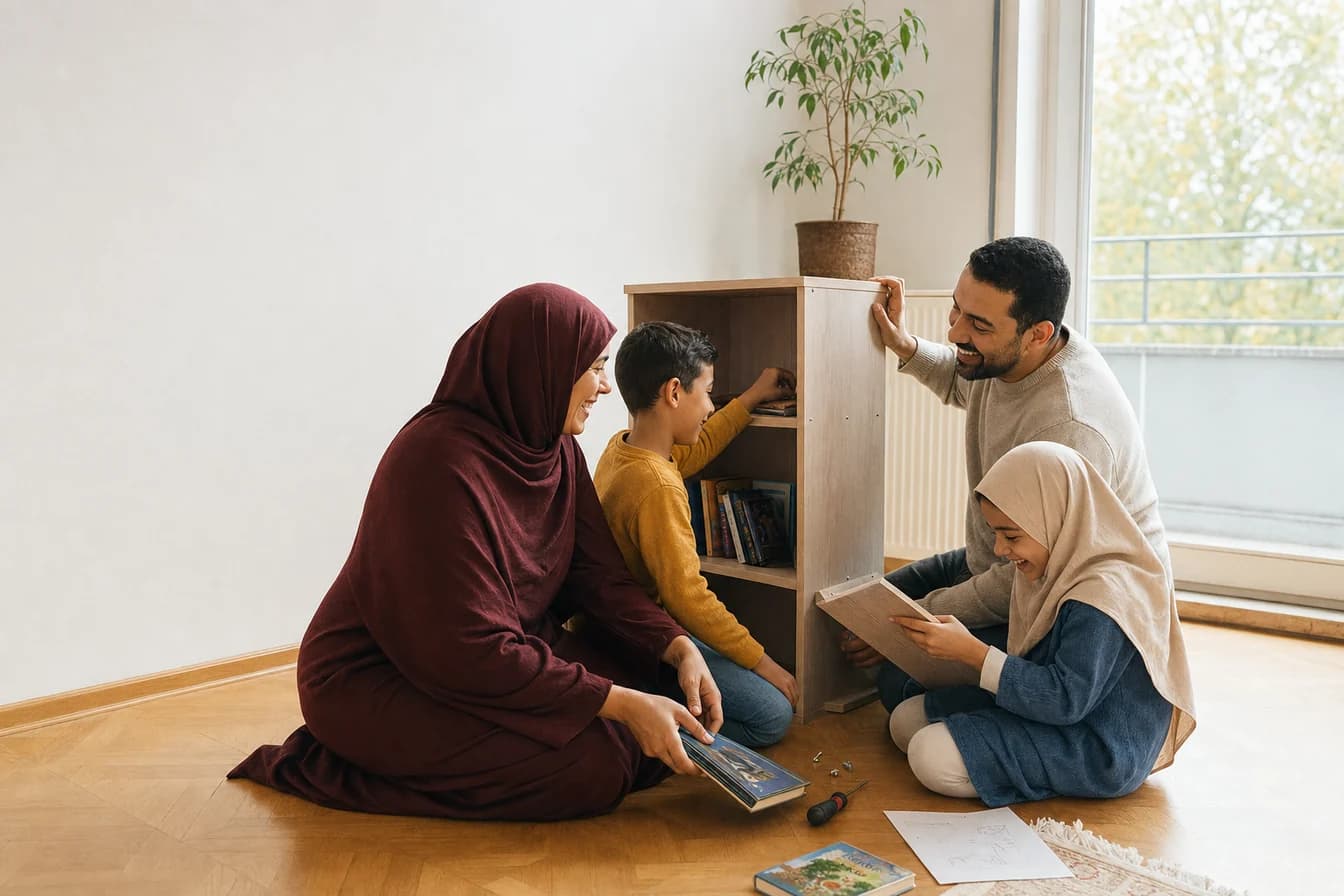 Eine muslimische Familie richtet gemeinsam ihr Zuhause ein