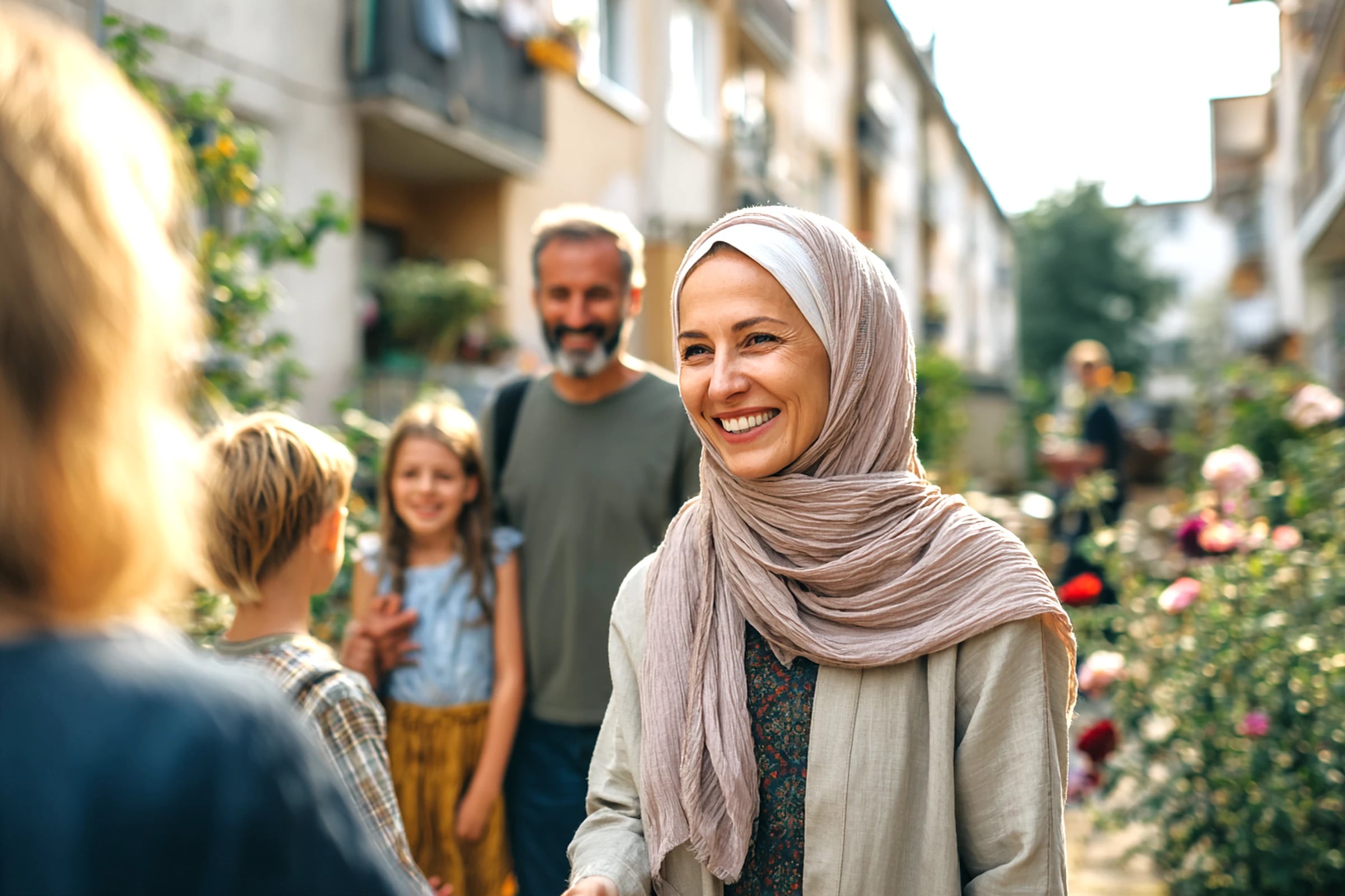 Eine Mitarbeiterin begrüßt eine muslimische Familie in einer deutschen Wohnanlage